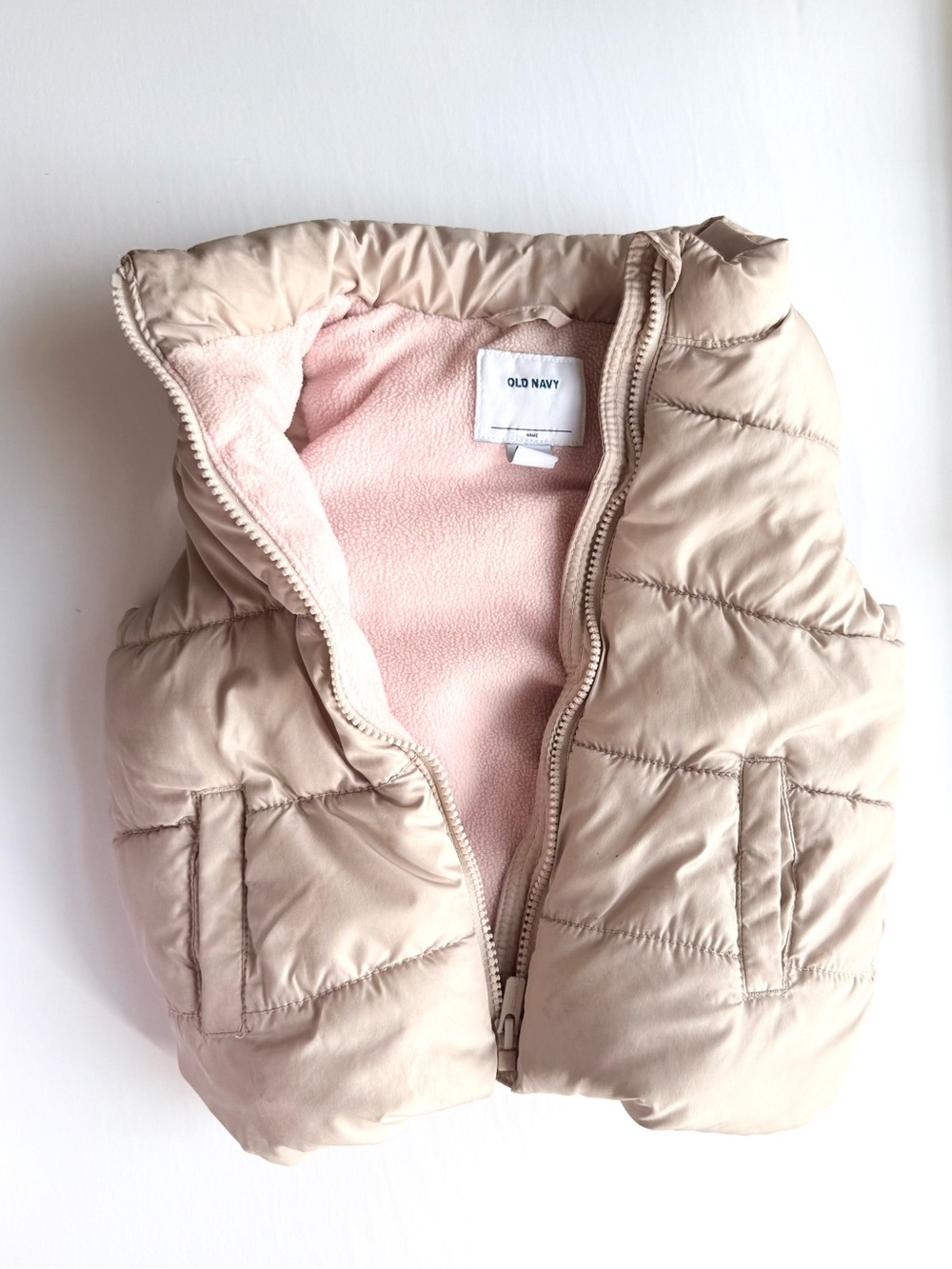 Old Navy Cream Puffer Vest with Pink Fleece Interior 4T